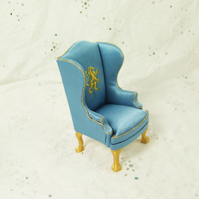 HN-21, Blue fabric w/ gold embroidery Wingback Chair 1" scale